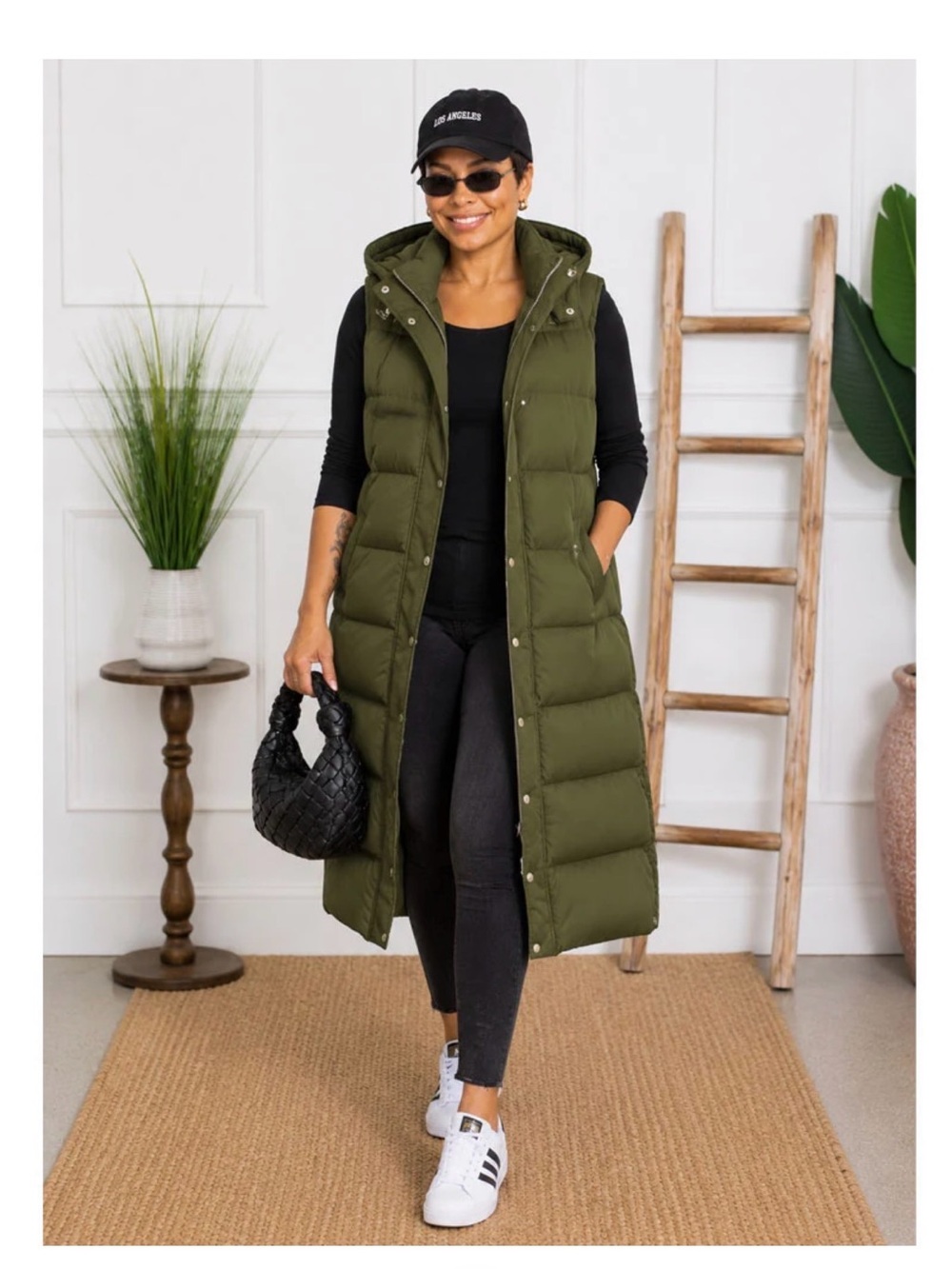 Long Quilted Hooded Puffer Vest - Olive Green
